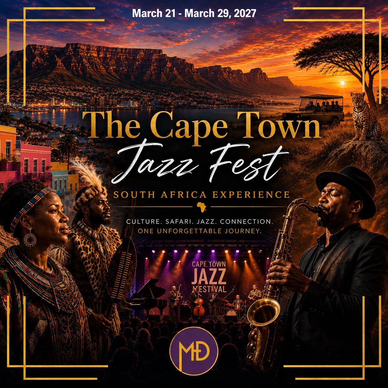 Cover artwork for the Cape Town Jazz Fest South Africa Experience, showing Table Mountain, a safari scene, Zulu cultural dress, and a saxophonist.