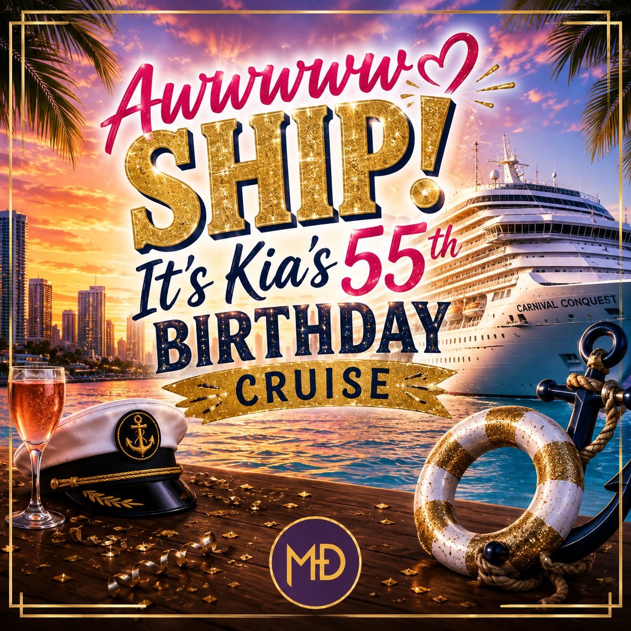 Cover artwork for Awwwww Ship! It&rsquo;s Kia&rsquo;s 55th Birthday, a Carnival Conquest sailing from Miami in November 2026.