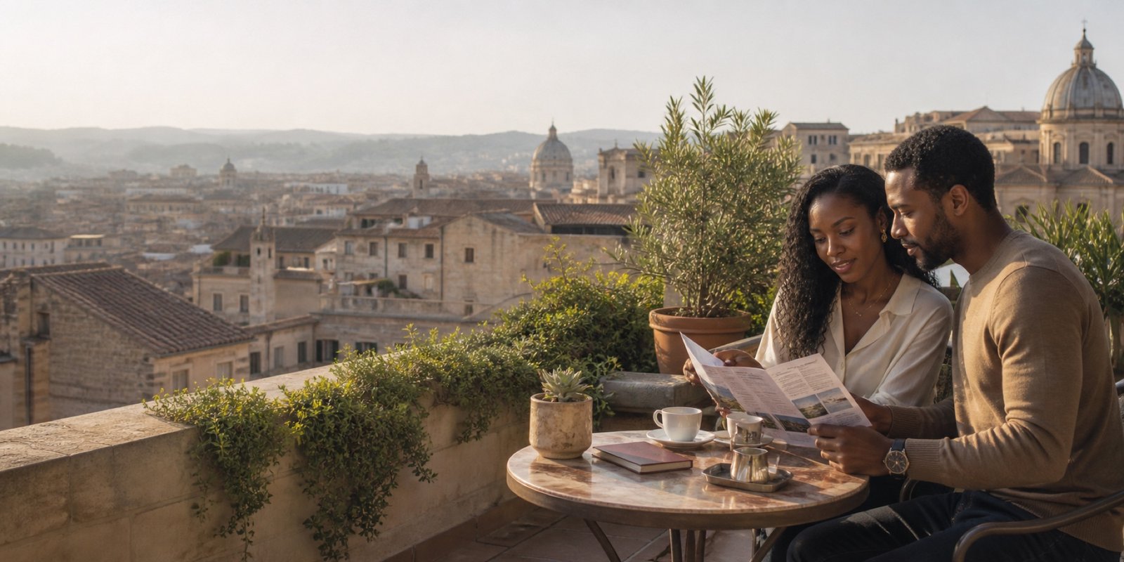 Two travelers review their custom itinerary on a terrace overlooking a historic city.