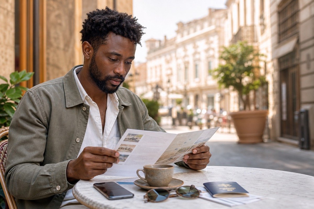 A traveler reading a printed itinerary at a cafe table before setting out for the day.