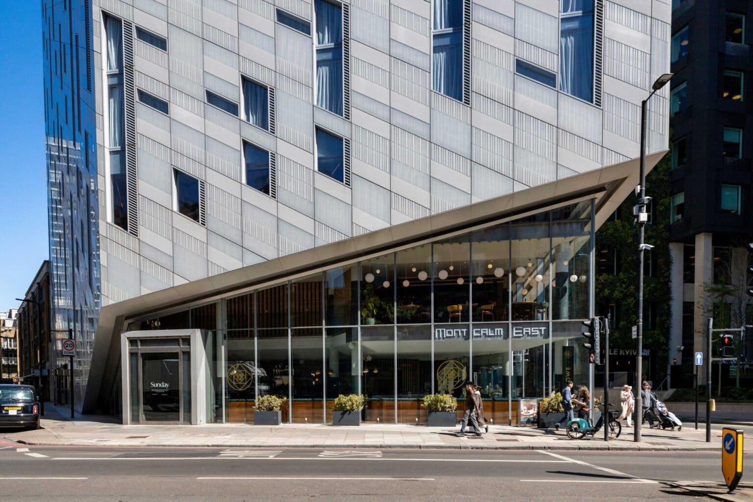The exterior entrance of Montcalm East in Shoreditch, London.