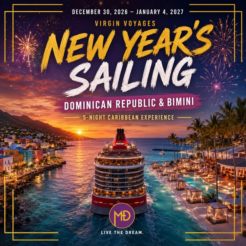 Cover artwork for the Virgin Voyages New Year&rsquo;s sailing: a cruise ship at sunset between a harbour town and a palm-lined resort, with fireworks overhead.