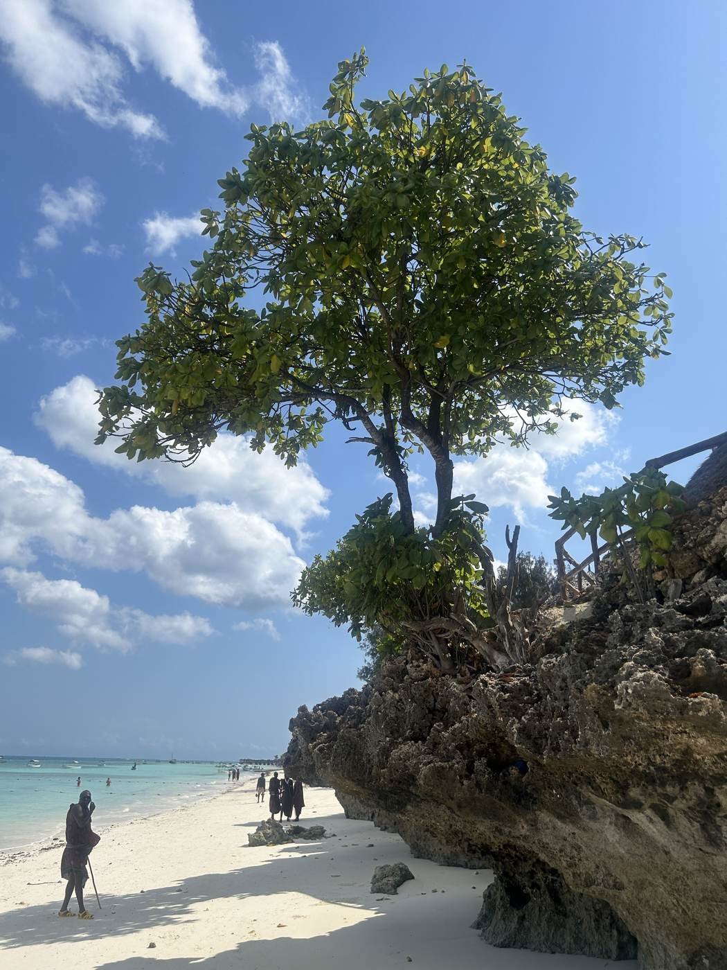 Wide view of a Zanzibar beach with people in the distance